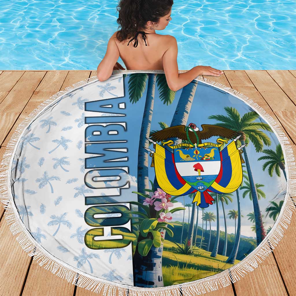 Colombia Palm Tree Landscape Beach Blanket with Tropical Flowers and Blue Sky Design - Wonder Print Shop