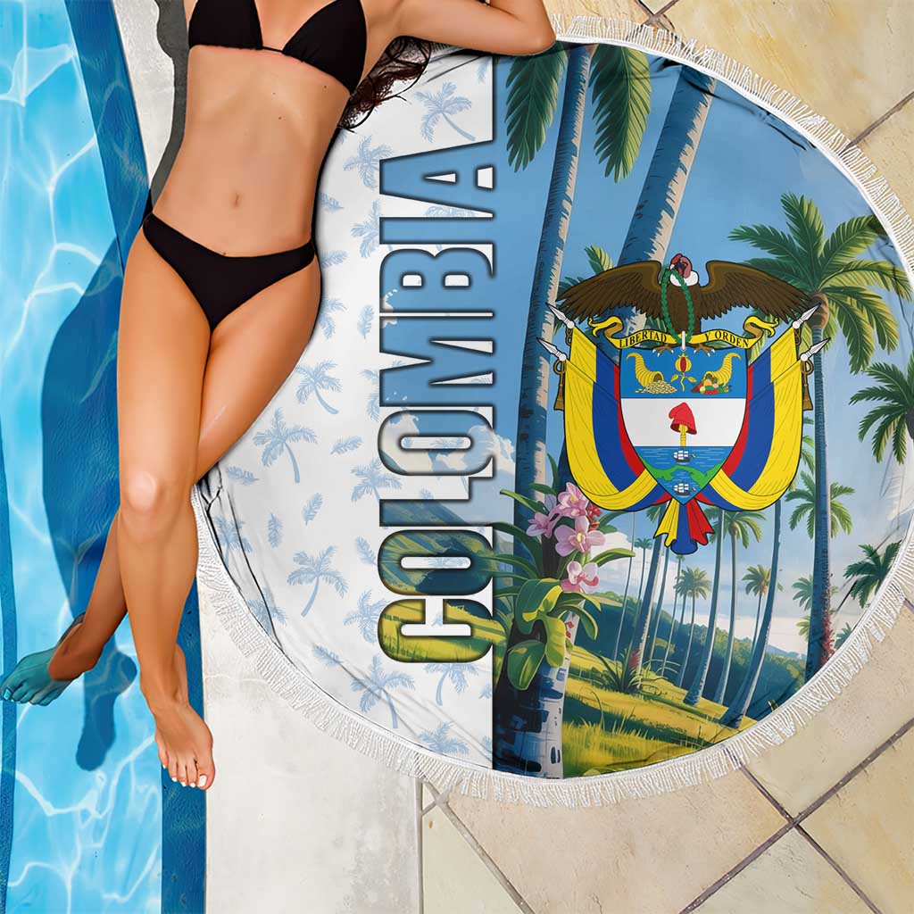 Colombia Palm Tree Landscape Beach Blanket with Tropical Flowers and Blue Sky Design - Wonder Print Shop