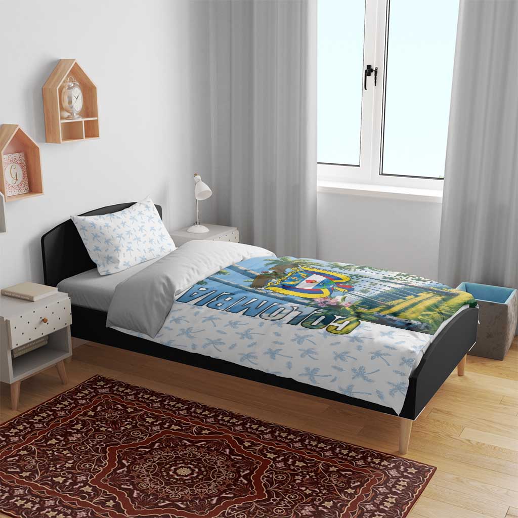 Colombia Palm Tree Landscape Bedding Set with Tropical Flowers and Blue Sky Design - Wonder Print Shop