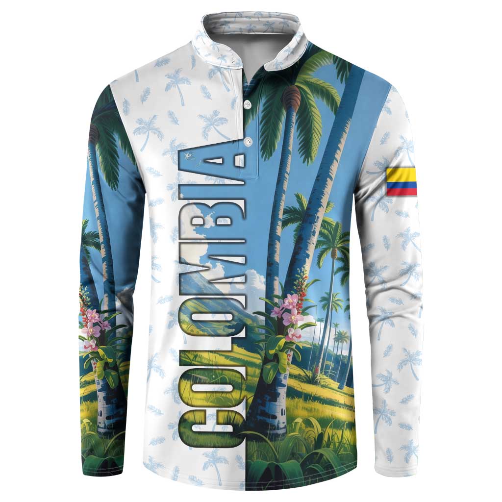 Colombia Palm Tree Landscape Button Sweatshirt with Tropical Flowers and Blue Sky Design - Wonder Print Shop