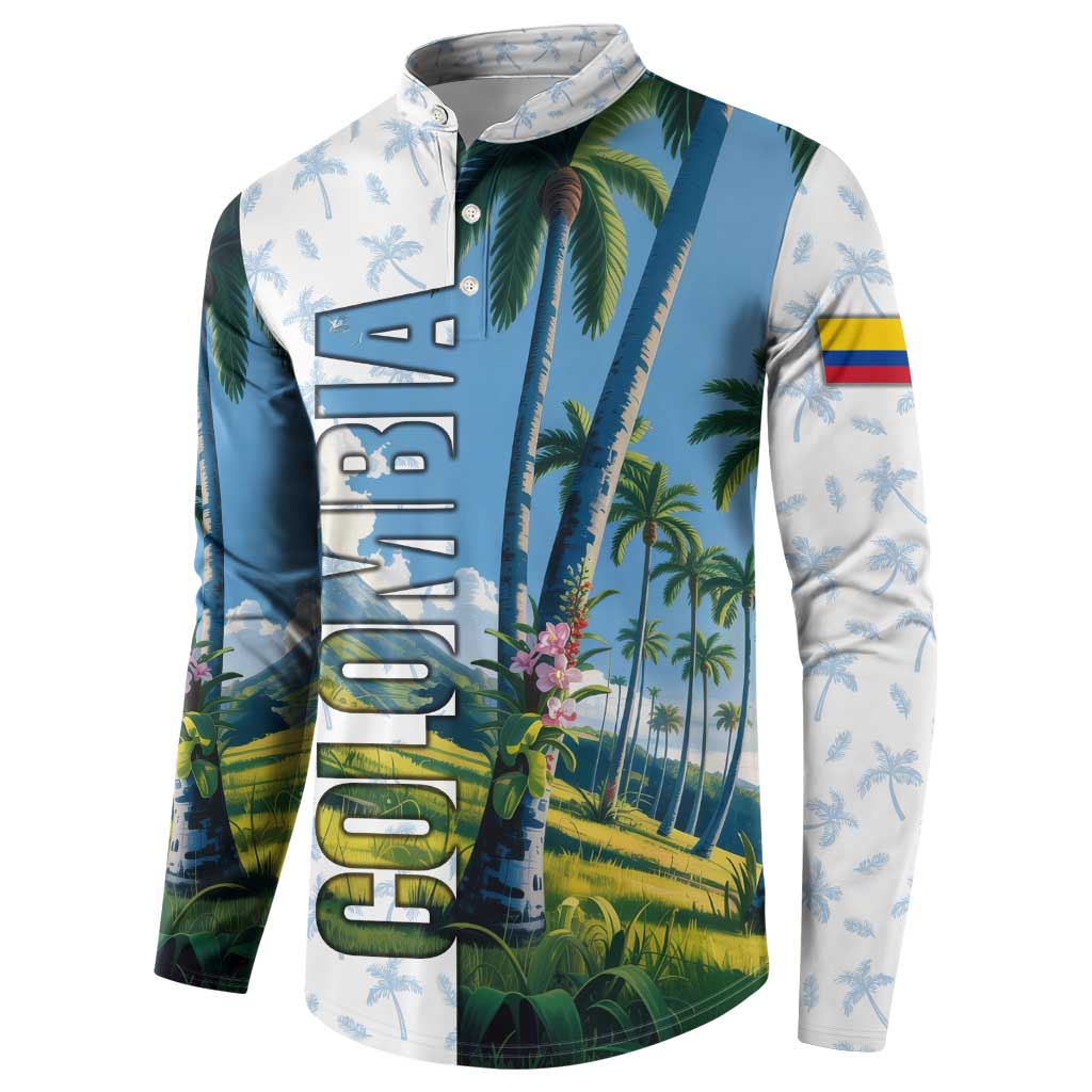 Colombia Palm Tree Landscape Button Sweatshirt with Tropical Flowers and Blue Sky Design - Wonder Print Shop