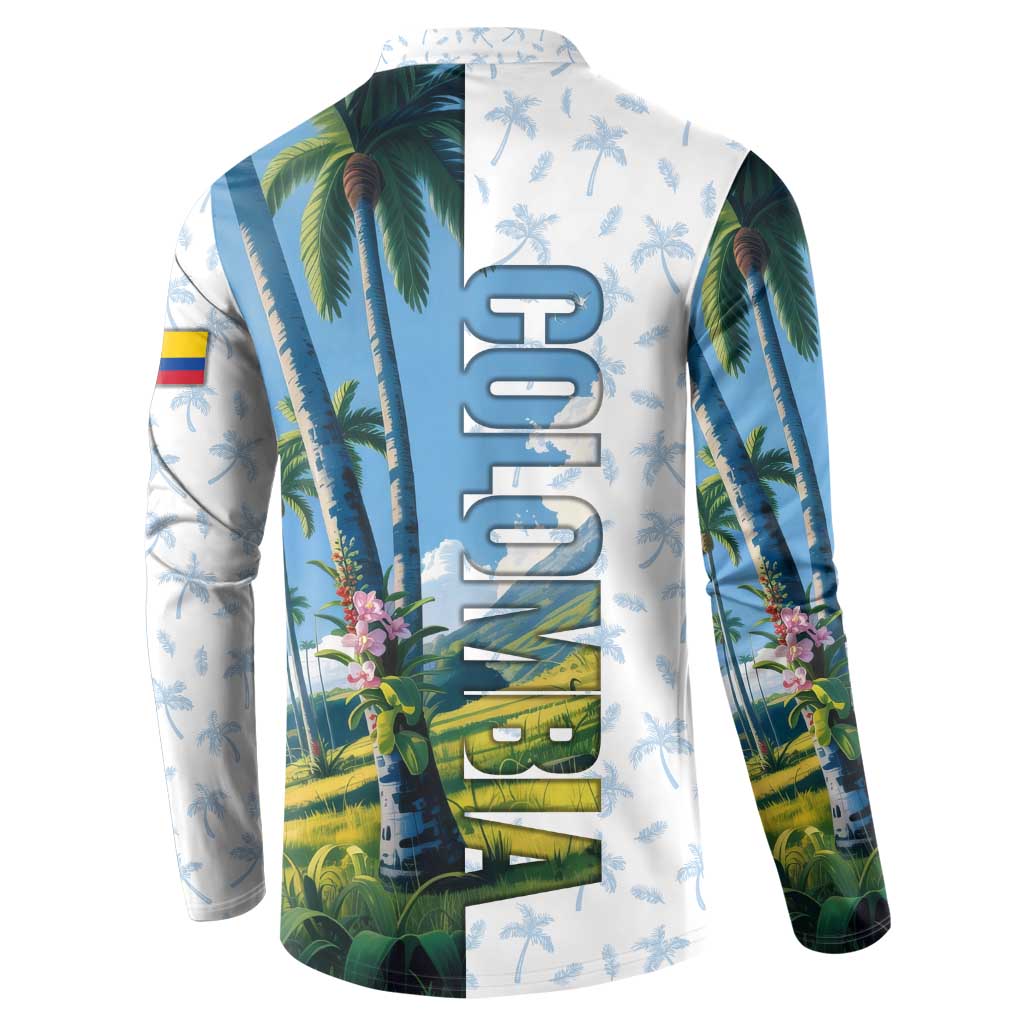 Colombia Palm Tree Landscape Button Sweatshirt with Tropical Flowers and Blue Sky Design - Wonder Print Shop