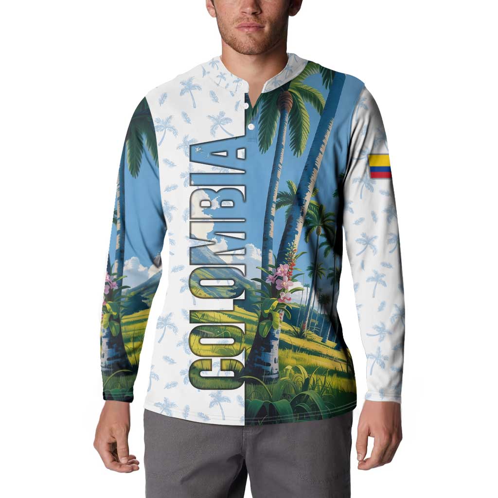 Colombia Palm Tree Landscape Button Sweatshirt with Tropical Flowers and Blue Sky Design - Wonder Print Shop