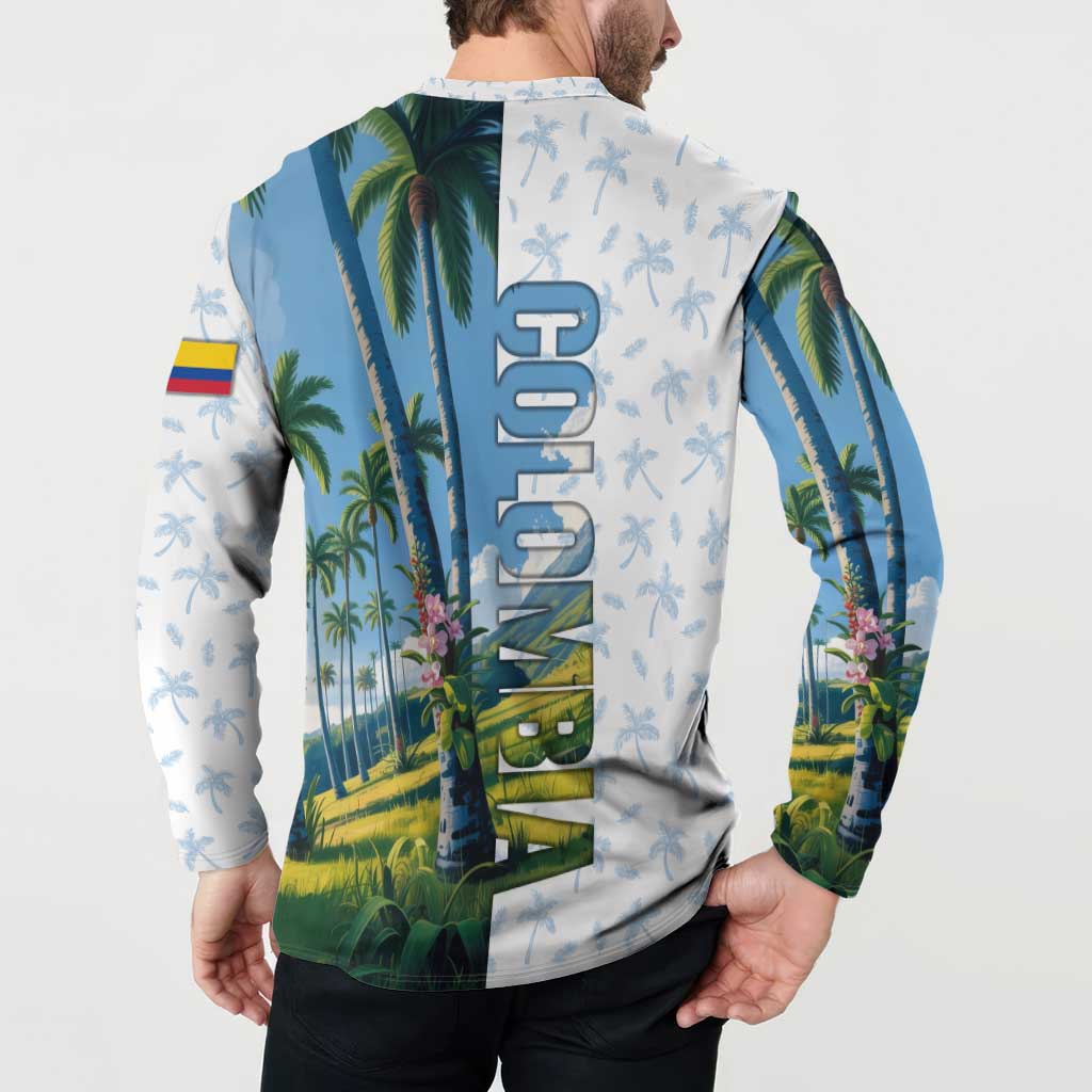 Colombia Palm Tree Landscape Button Sweatshirt with Tropical Flowers and Blue Sky Design - Wonder Print Shop