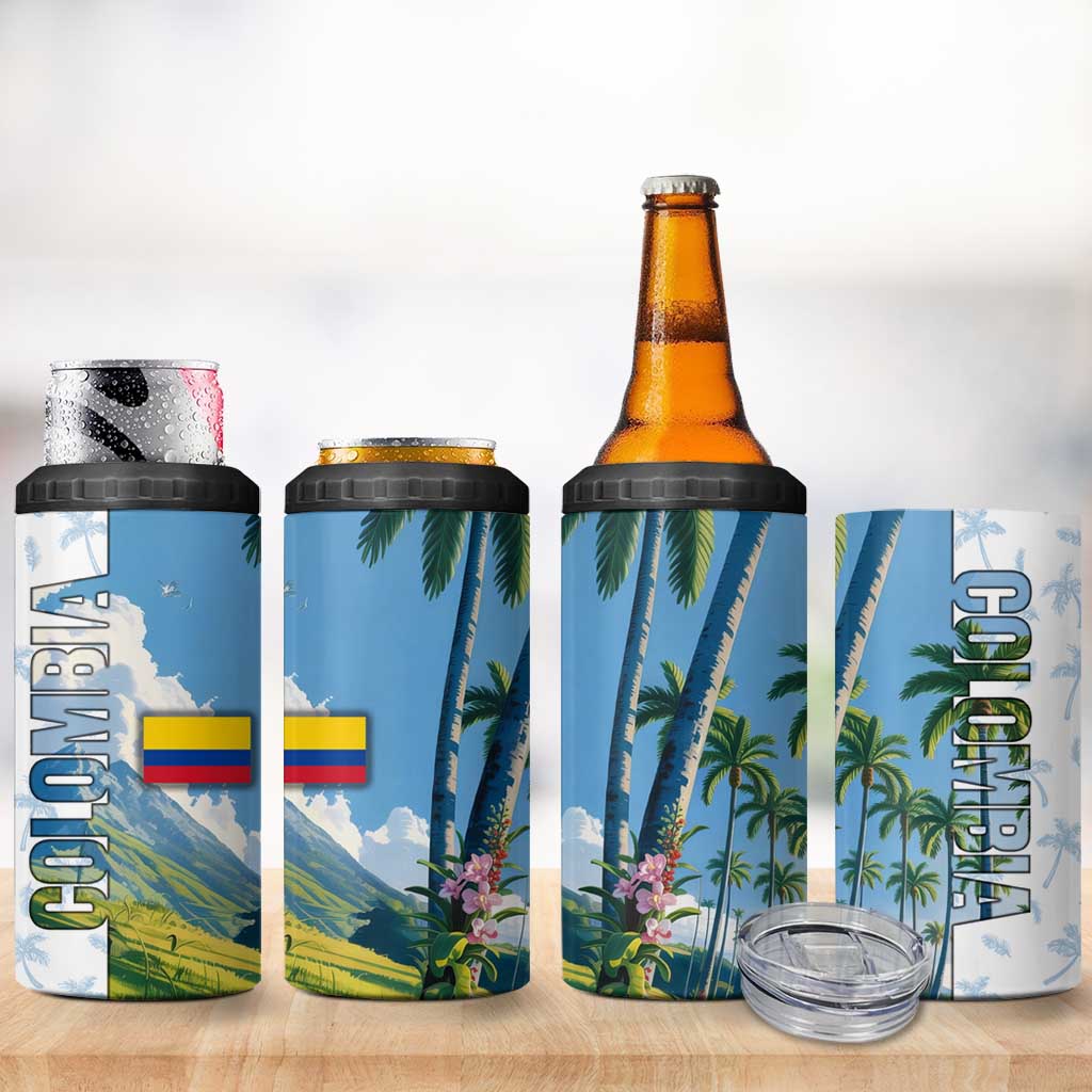 Colombia Palm Tree Landscape 4 in 1 Can Cooler Tumbler with Tropical Flowers and Blue Sky Design - Wonder Print Shop