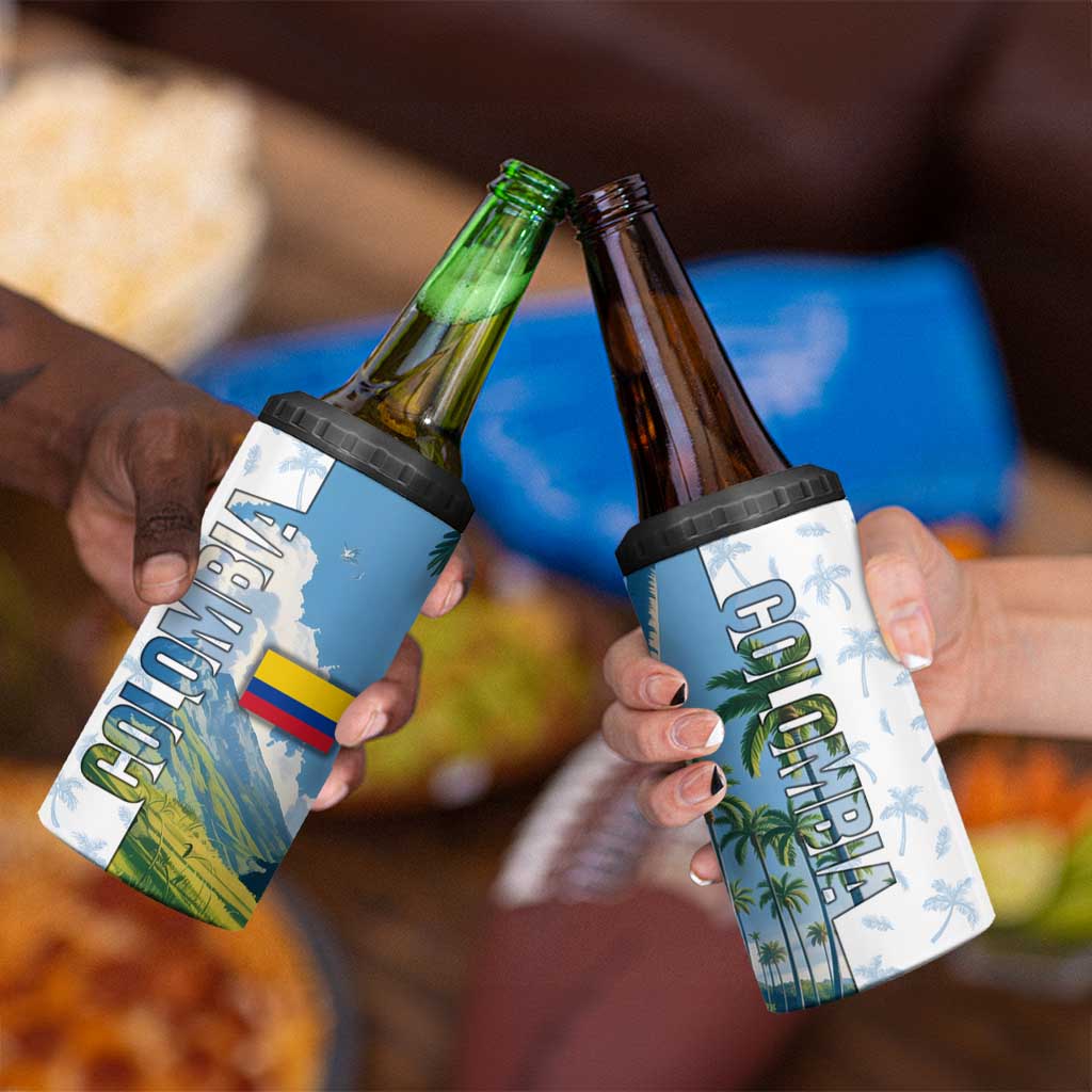 Colombia Palm Tree Landscape 4 in 1 Can Cooler Tumbler with Tropical Flowers and Blue Sky Design - Wonder Print Shop