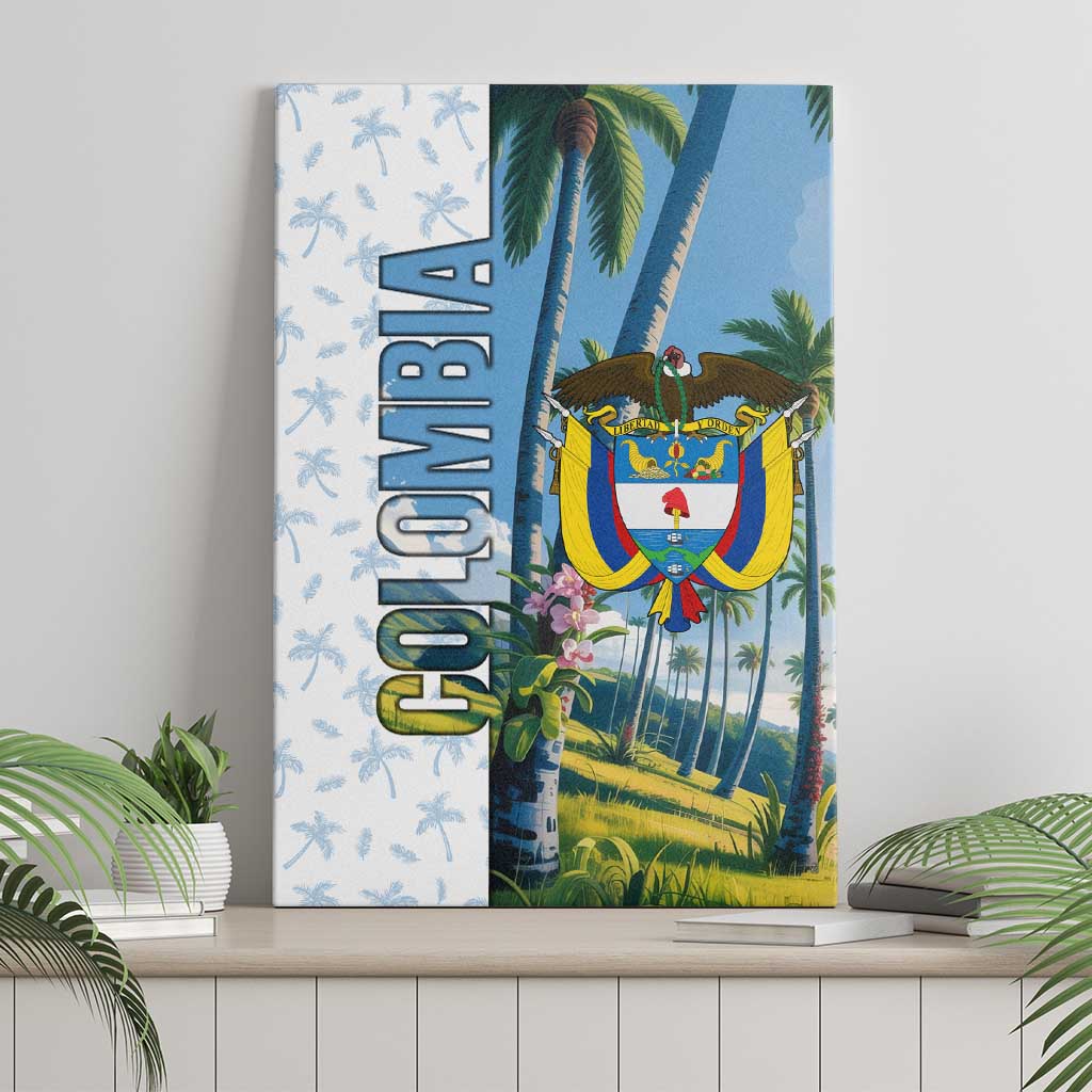 Colombia Palm Tree Landscape Canvas Wall Art with Tropical Flowers and Blue Sky Design - Wonder Print Shop