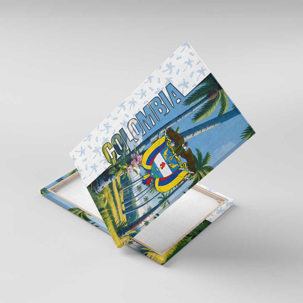 Colombia Palm Tree Landscape Canvas Wall Art with Tropical Flowers and Blue Sky Design - Wonder Print Shop