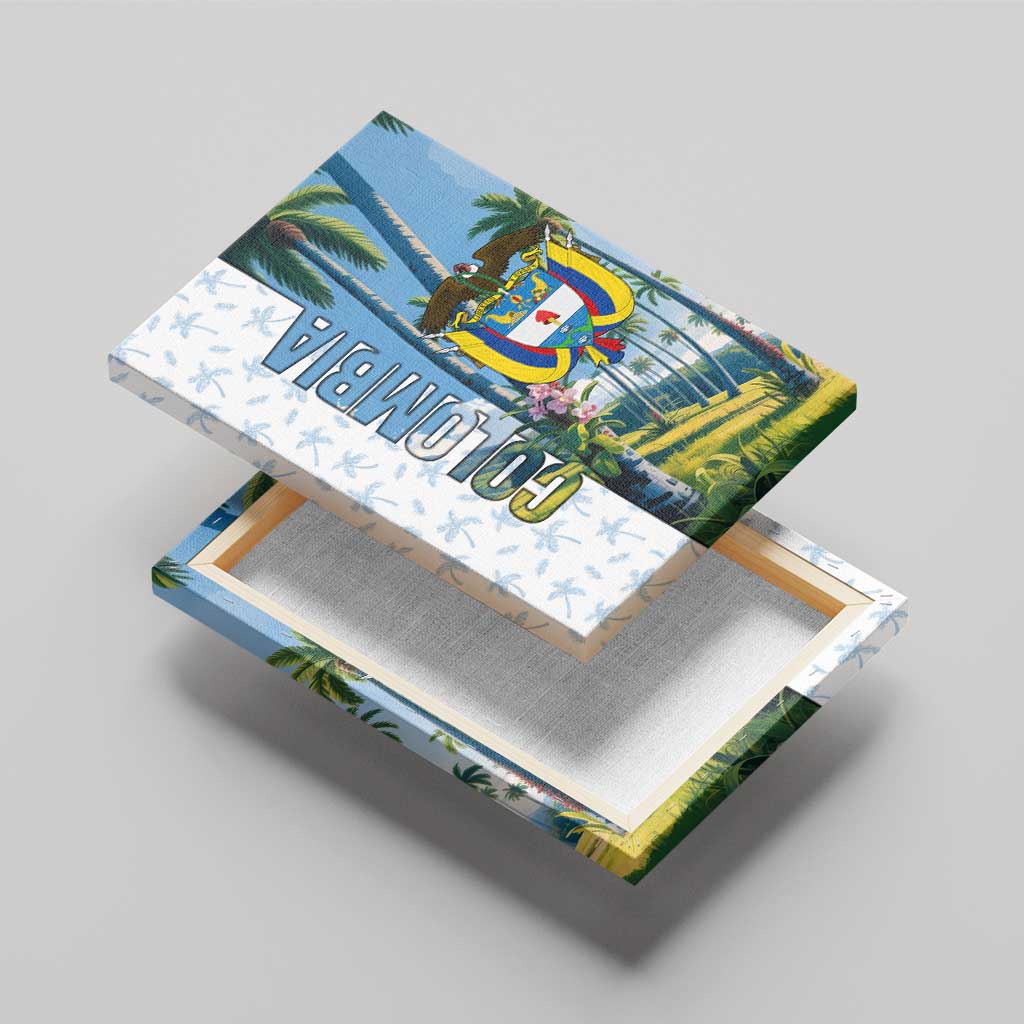 Colombia Palm Tree Landscape Canvas Wall Art with Tropical Flowers and Blue Sky Design - Wonder Print Shop