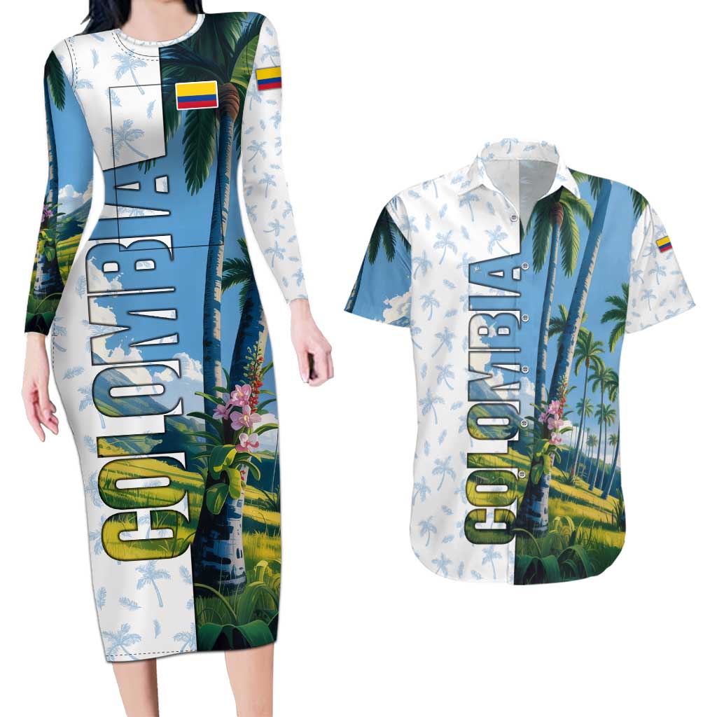 Colombia Palm Tree Landscape Couples Matching Long Sleeve Bodycon Dress and Hawaiian Shirt with Tropical Flowers and Blue Sky Design - Wonder Print Shop