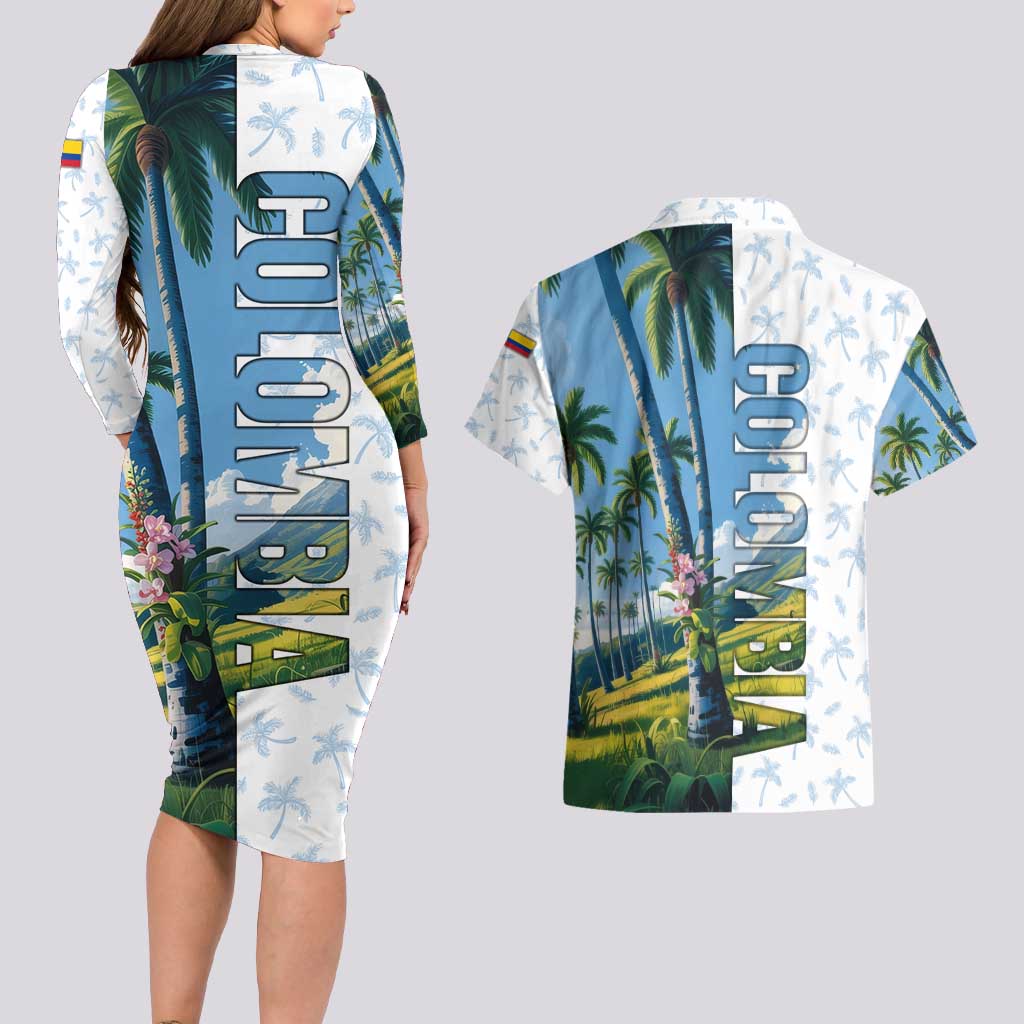 Colombia Palm Tree Landscape Couples Matching Long Sleeve Bodycon Dress and Hawaiian Shirt with Tropical Flowers and Blue Sky Design - Wonder Print Shop