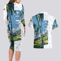 Colombia Palm Tree Landscape Couples Matching Long Sleeve Bodycon Dress and Hawaiian Shirt with Tropical Flowers and Blue Sky Design - Wonder Print Shop