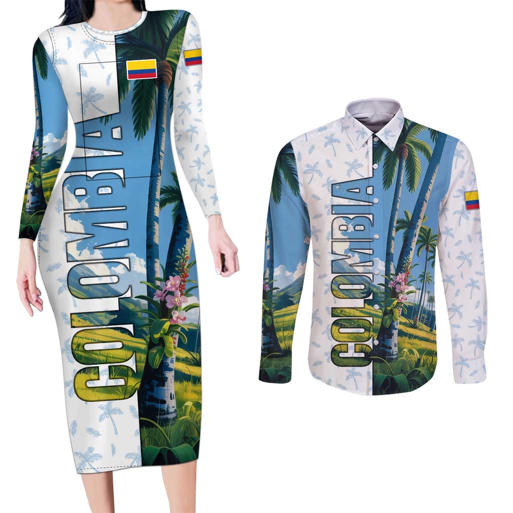 Colombia Palm Tree Landscape Couples Matching Long Sleeve Bodycon Dress and Long Sleeve Button Shirt with Tropical Flowers and Blue Sky Design - Wonder Print Shop