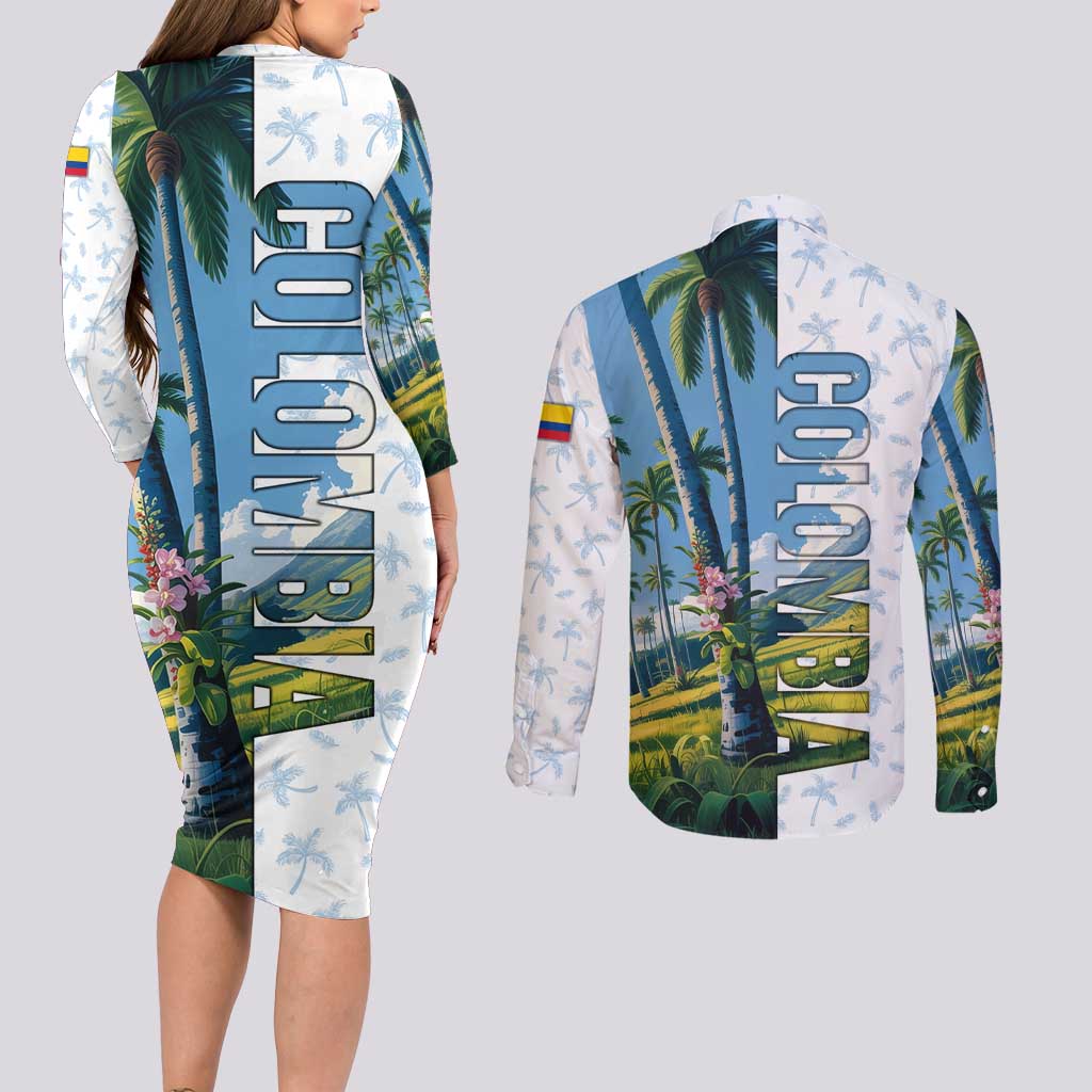 Colombia Palm Tree Landscape Couples Matching Long Sleeve Bodycon Dress and Long Sleeve Button Shirt with Tropical Flowers and Blue Sky Design - Wonder Print Shop