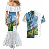 Colombia Palm Tree Landscape Couples Matching Mermaid Dress and Hawaiian Shirt with Tropical Flowers and Blue Sky Design - Wonder Print Shop