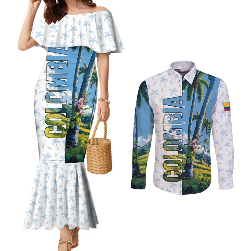 Colombia Palm Tree Landscape Couples Matching Mermaid Dress and Long Sleeve Button Shirt with Tropical Flowers and Blue Sky Design - Wonder Print Shop