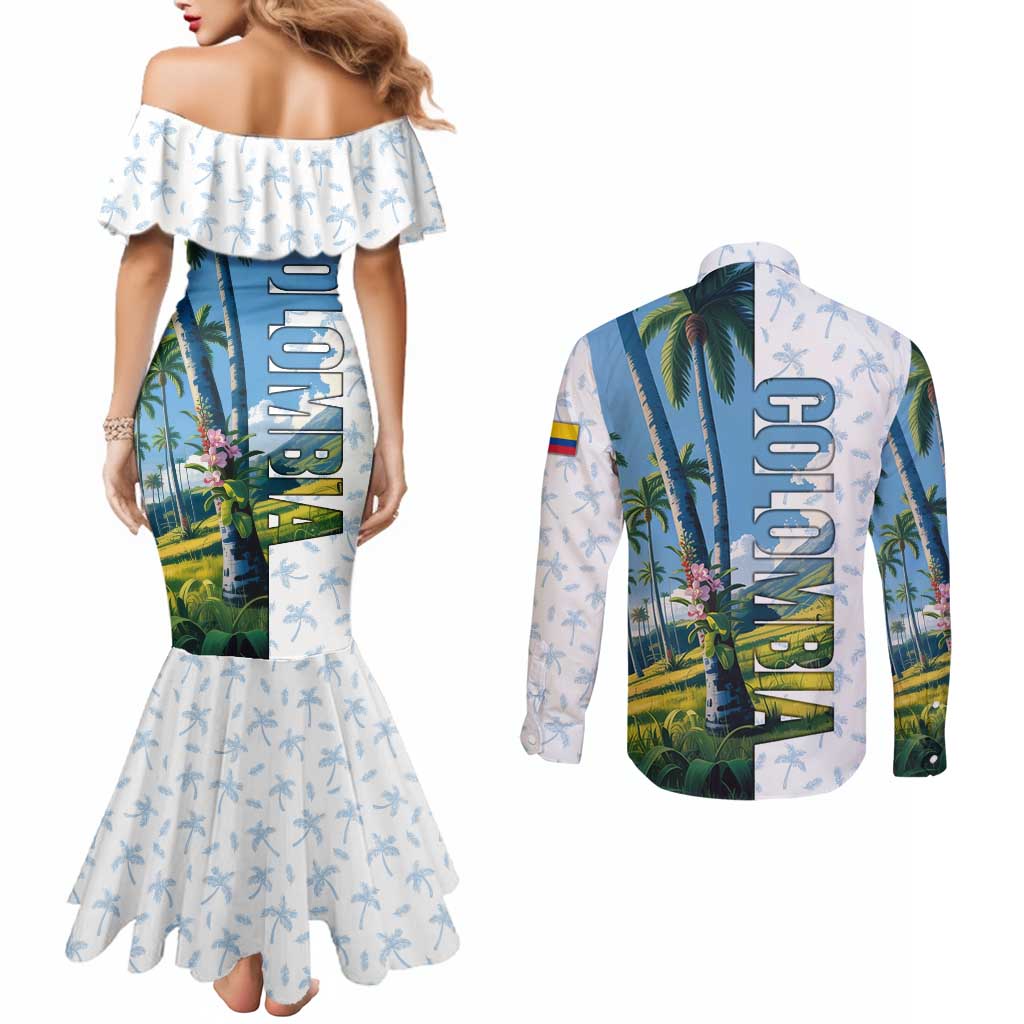 Colombia Palm Tree Landscape Couples Matching Mermaid Dress and Long Sleeve Button Shirt with Tropical Flowers and Blue Sky Design - Wonder Print Shop