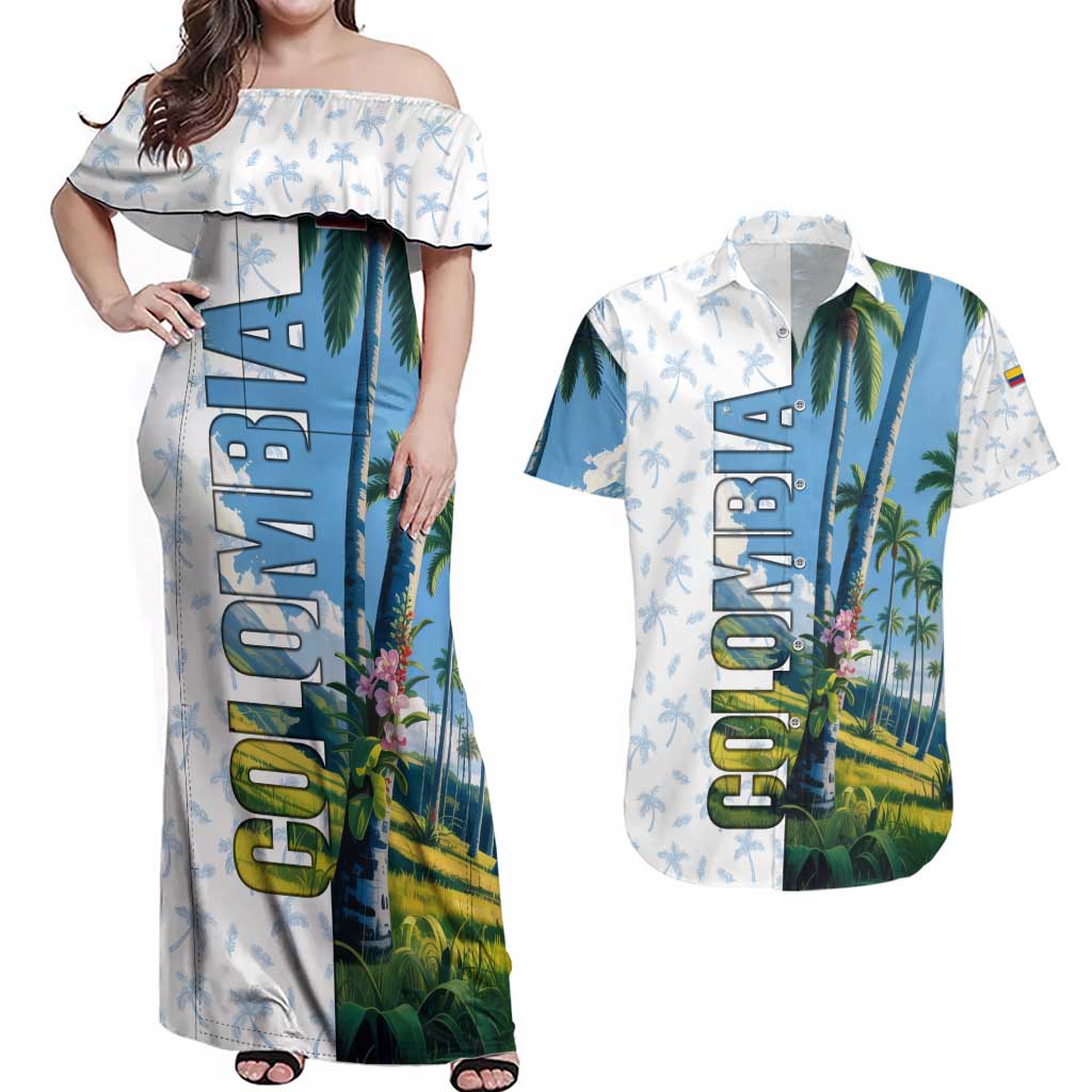 Colombia Palm Tree Landscape Couples Matching Off Shoulder Maxi Dress and Hawaiian Shirt with Tropical Flowers and Blue Sky Design - Wonder Print Shop