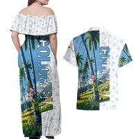Colombia Palm Tree Landscape Couples Matching Off Shoulder Maxi Dress and Hawaiian Shirt with Tropical Flowers and Blue Sky Design - Wonder Print Shop