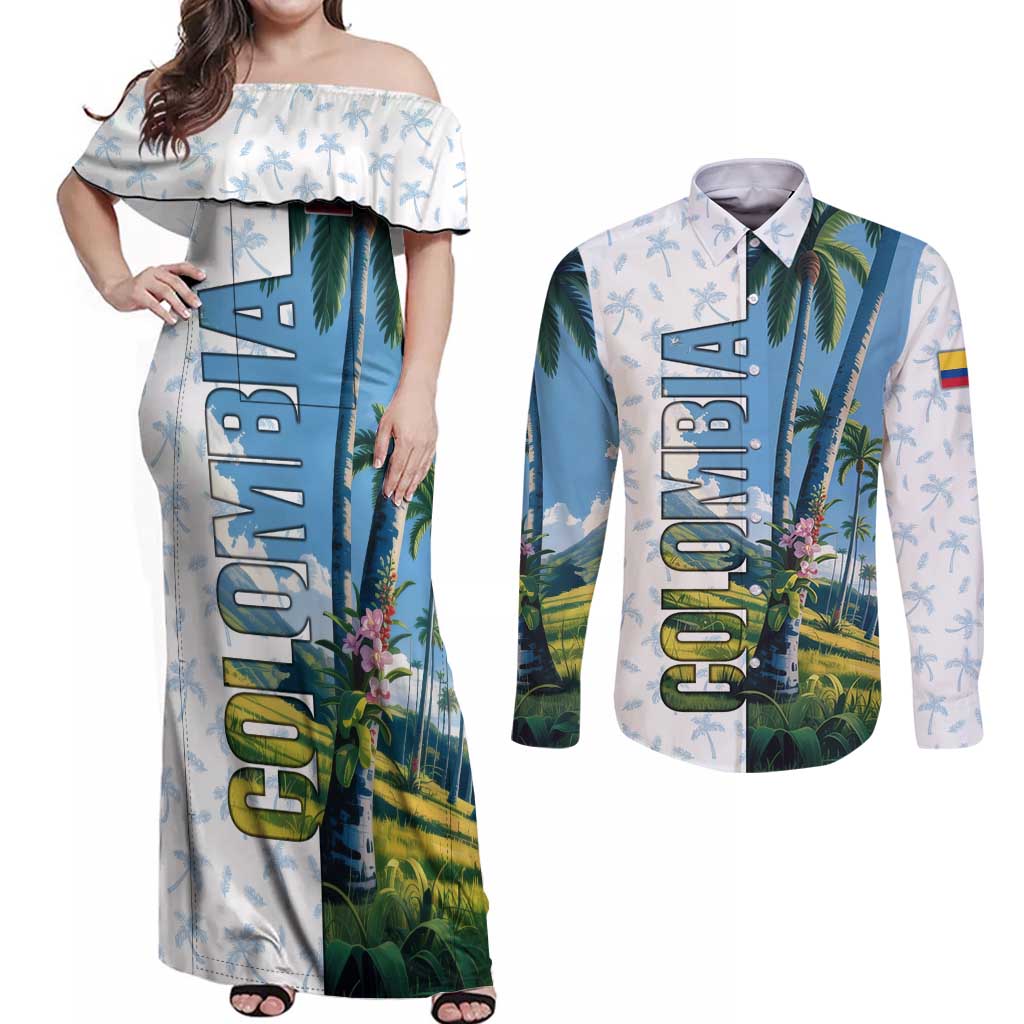 Colombia Palm Tree Landscape Couples Matching Off Shoulder Maxi Dress and Long Sleeve Button Shirt with Tropical Flowers and Blue Sky Design - Wonder Print Shop
