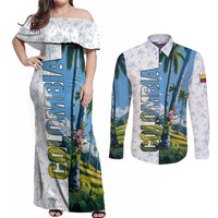 Colombia Palm Tree Landscape Couples Matching Off Shoulder Maxi Dress and Long Sleeve Button Shirt with Tropical Flowers and Blue Sky Design - Wonder Print Shop