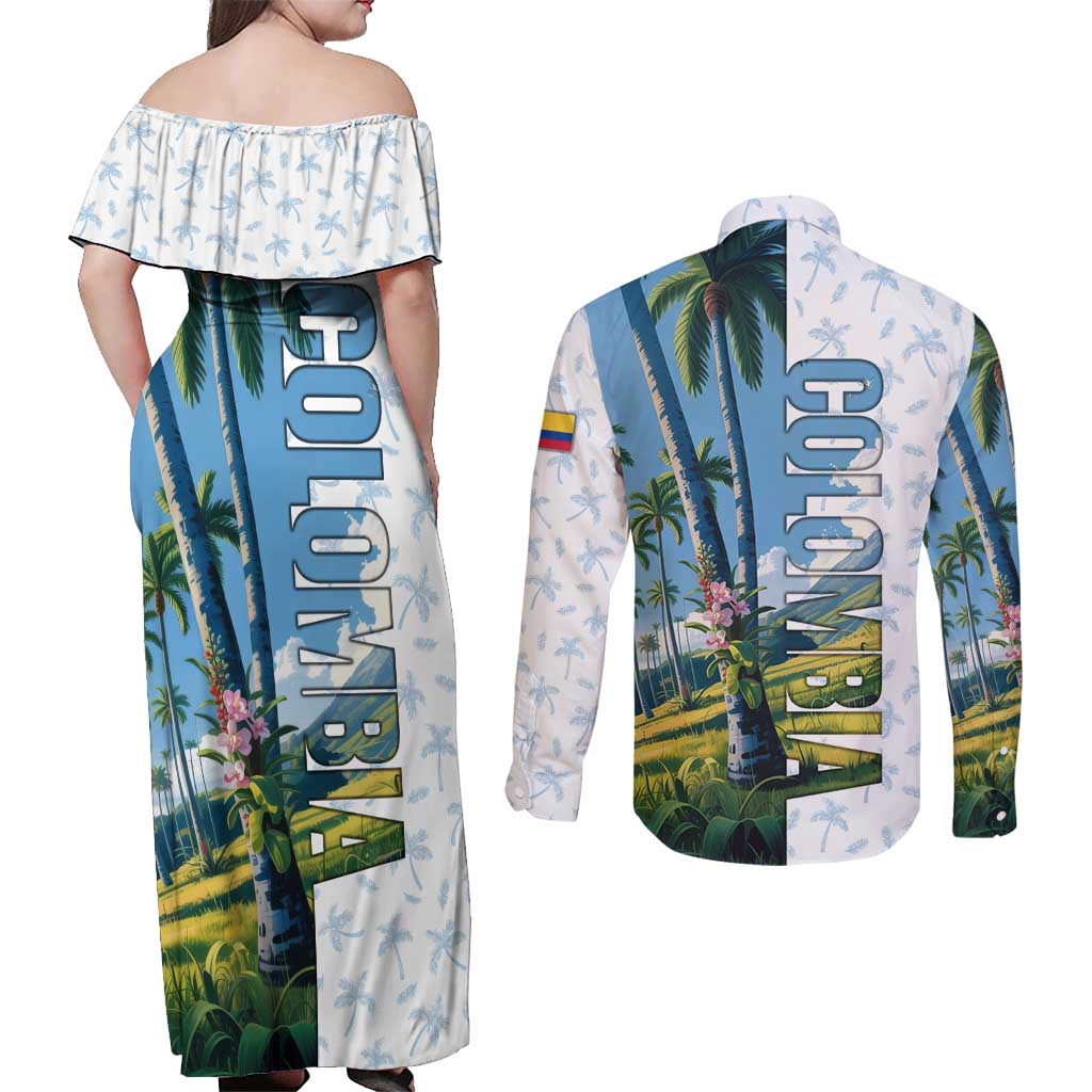 Colombia Palm Tree Landscape Couples Matching Off Shoulder Maxi Dress and Long Sleeve Button Shirt with Tropical Flowers and Blue Sky Design - Wonder Print Shop