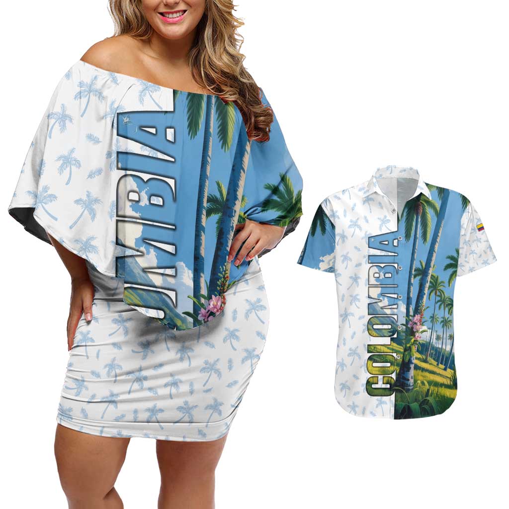Colombia Palm Tree Landscape Couples Matching Off Shoulder Short Dress and Hawaiian Shirt with Tropical Flowers and Blue Sky Design - Wonder Print Shop