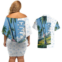 Colombia Palm Tree Landscape Couples Matching Off Shoulder Short Dress and Hawaiian Shirt with Tropical Flowers and Blue Sky Design - Wonder Print Shop