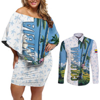 Colombia Palm Tree Landscape Couples Matching Off Shoulder Short Dress and Long Sleeve Button Shirt with Tropical Flowers and Blue Sky Design - Wonder Print Shop
