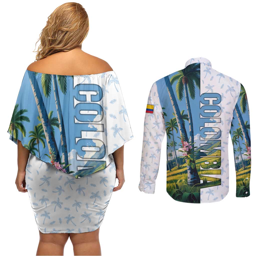 Colombia Palm Tree Landscape Couples Matching Off Shoulder Short Dress and Long Sleeve Button Shirt with Tropical Flowers and Blue Sky Design - Wonder Print Shop