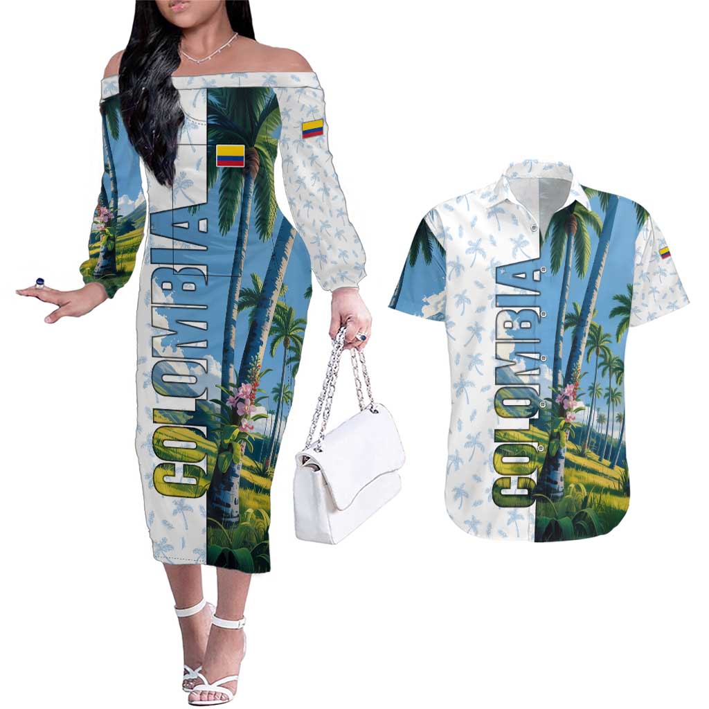 Colombia Palm Tree Landscape Couples Matching Off The Shoulder Long Sleeve Dress and Hawaiian Shirt with Tropical Flowers and Blue Sky Design - Wonder Print Shop