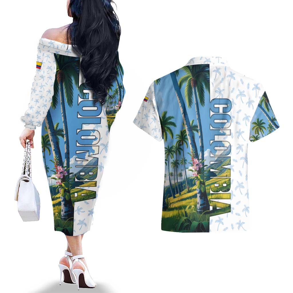 Colombia Palm Tree Landscape Couples Matching Off The Shoulder Long Sleeve Dress and Hawaiian Shirt with Tropical Flowers and Blue Sky Design - Wonder Print Shop