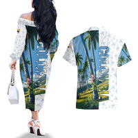 Colombia Palm Tree Landscape Couples Matching Off The Shoulder Long Sleeve Dress and Hawaiian Shirt with Tropical Flowers and Blue Sky Design - Wonder Print Shop