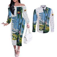 Colombia Palm Tree Landscape Couples Matching Off The Shoulder Long Sleeve Dress and Long Sleeve Button Shirt with Tropical Flowers and Blue Sky Design - Wonder Print Shop