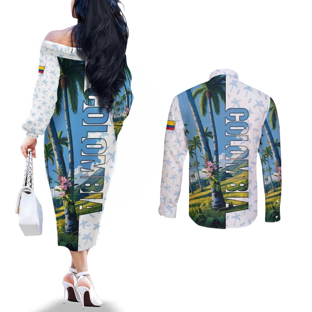 Colombia Palm Tree Landscape Couples Matching Off The Shoulder Long Sleeve Dress and Long Sleeve Button Shirt with Tropical Flowers and Blue Sky Design - Wonder Print Shop