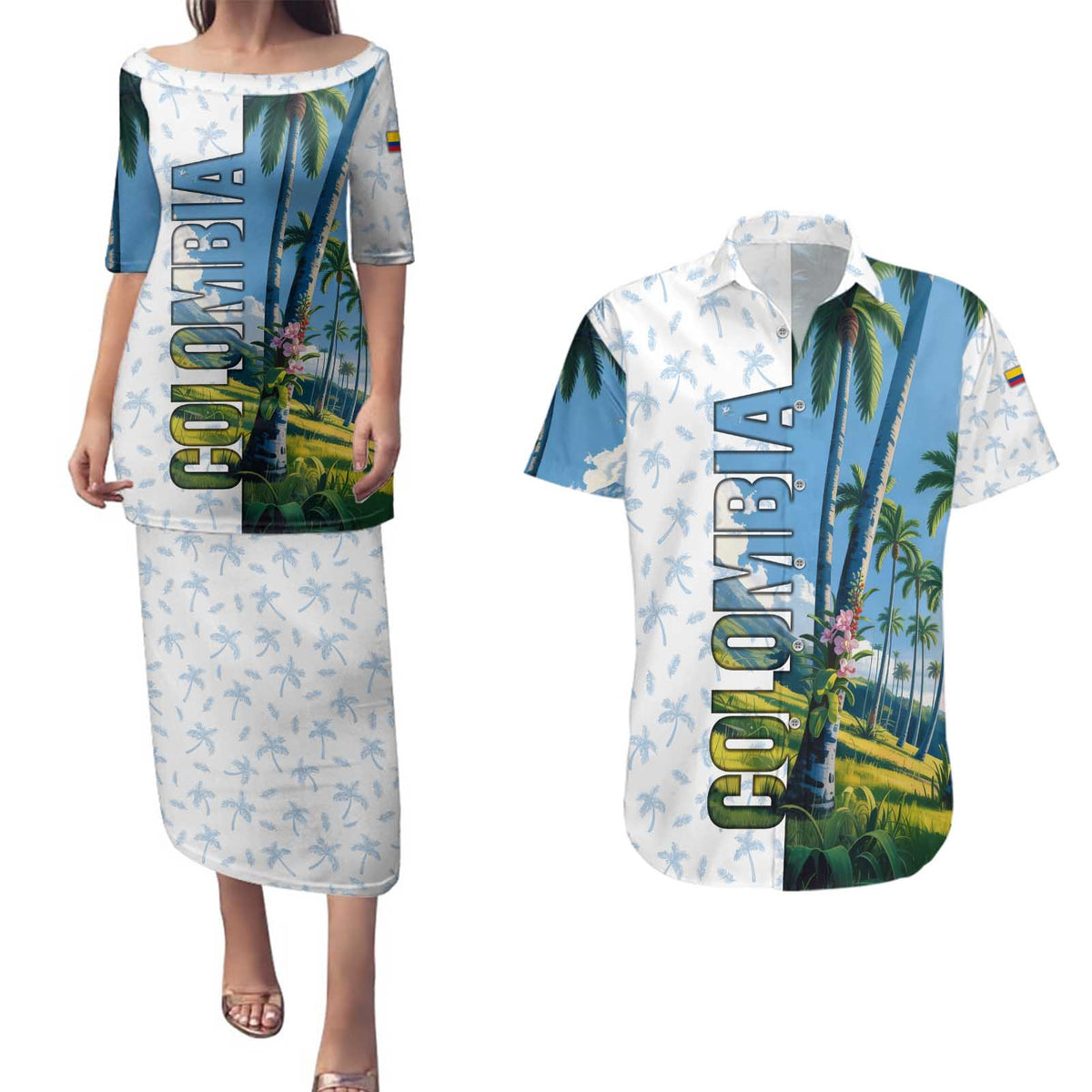 Colombia Palm Tree Landscape Couples Matching Puletasi and Hawaiian Shirt with Tropical Flowers and Blue Sky Design - Wonder Print Shop
