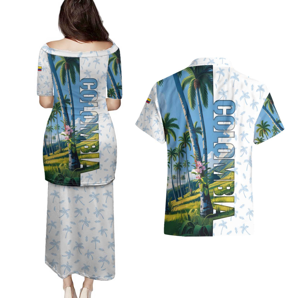Colombia Palm Tree Landscape Couples Matching Puletasi and Hawaiian Shirt with Tropical Flowers and Blue Sky Design - Wonder Print Shop