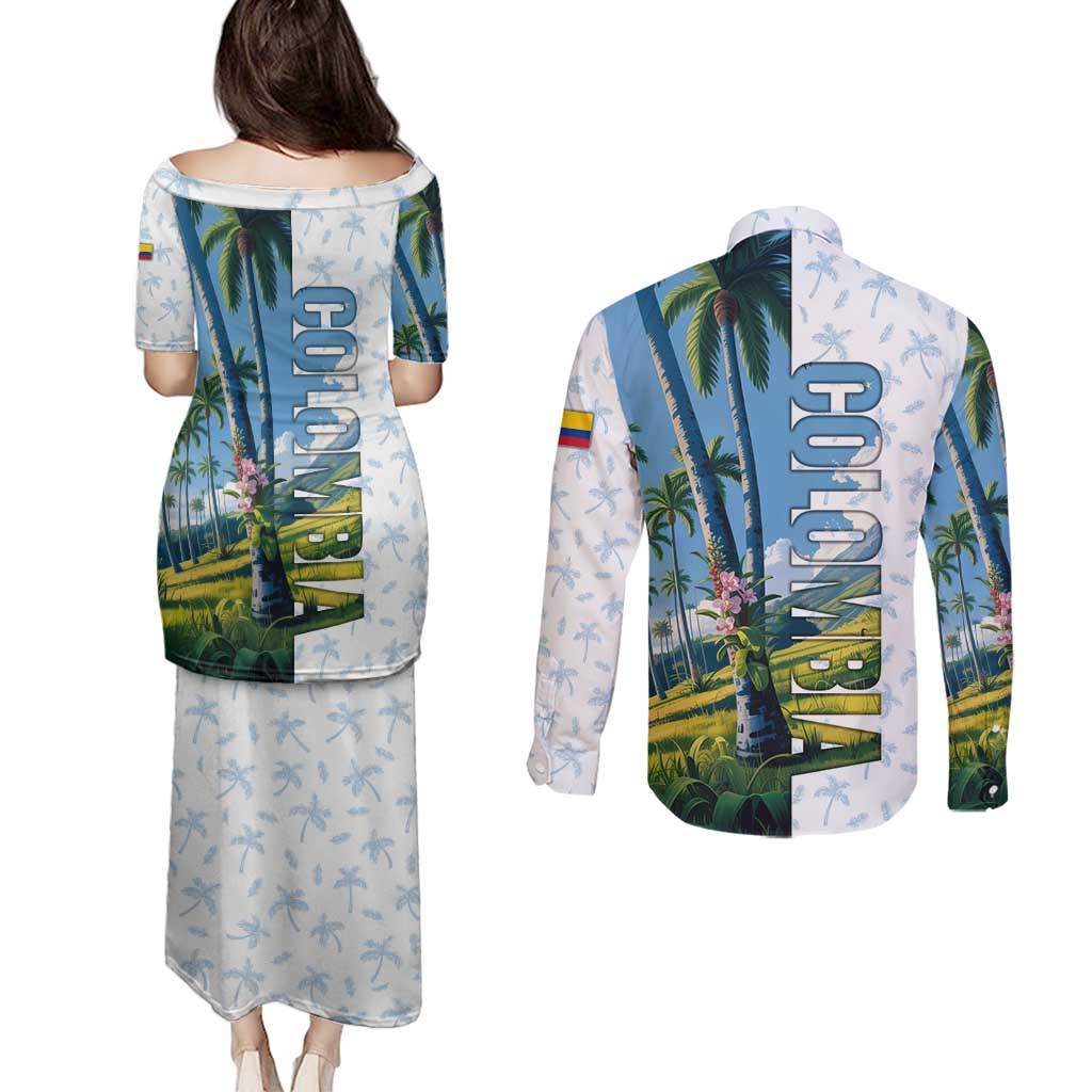 Colombia Palm Tree Landscape Couples Matching Puletasi and Long Sleeve Button Shirt with Tropical Flowers and Blue Sky Design - Wonder Print Shop