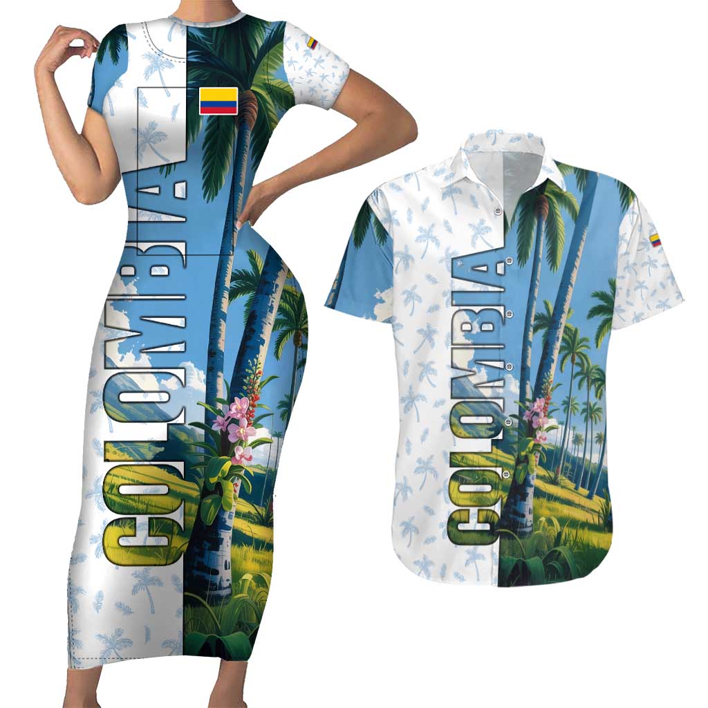 Colombia Palm Tree Landscape Couples Matching Short Sleeve Bodycon Dress and Hawaiian Shirt with Tropical Flowers and Blue Sky Design - Wonder Print Shop