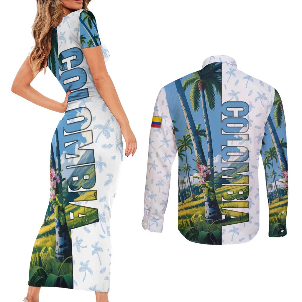 Colombia Palm Tree Landscape Couples Matching Short Sleeve Bodycon Dress and Long Sleeve Button Shirt with Tropical Flowers and Blue Sky Design - Wonder Print Shop