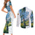 Colombia Palm Tree Landscape Couples Matching Short Sleeve Bodycon Dress and Long Sleeve Button Shirt with Tropical Flowers and Blue Sky Design - Wonder Print Shop