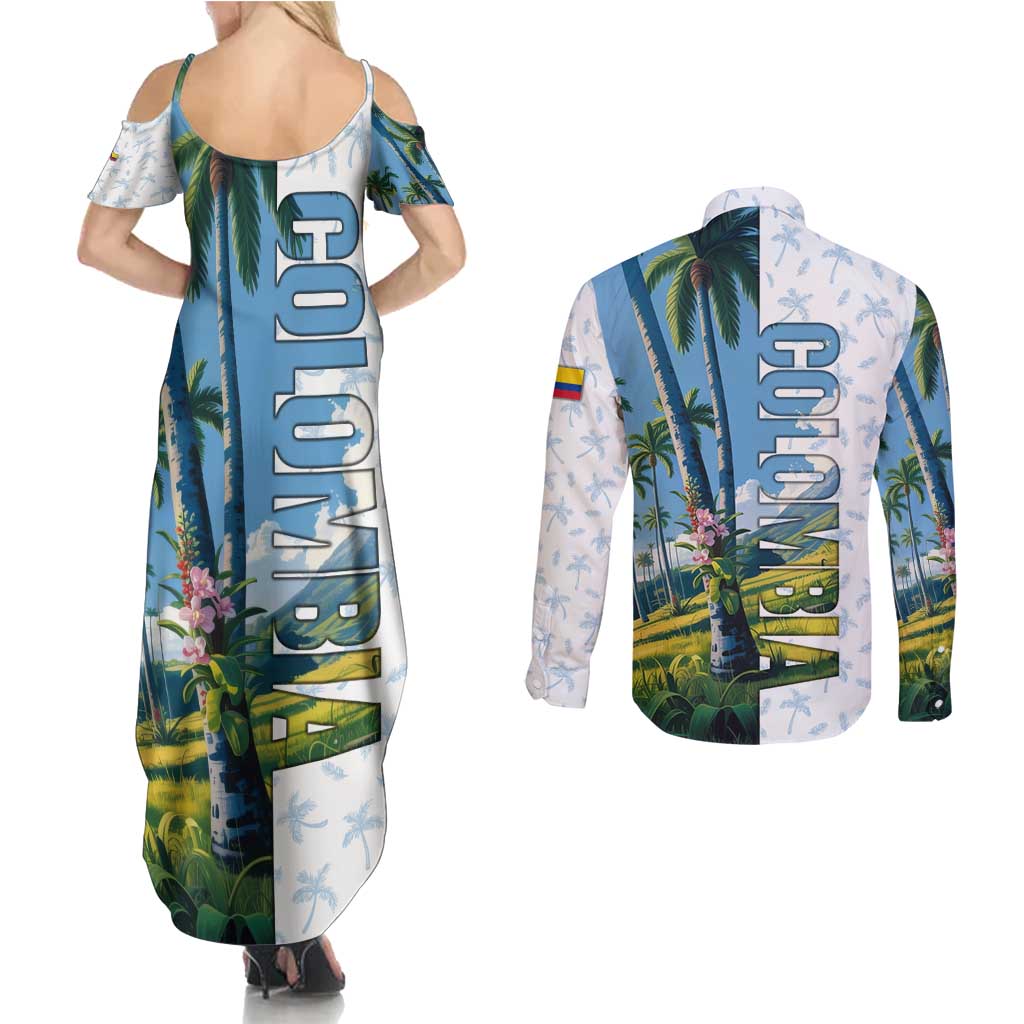 Colombia Palm Tree Landscape Couples Matching Summer Maxi Dress and Long Sleeve Button Shirt with Tropical Flowers and Blue Sky Design - Wonder Print Shop