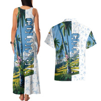 Colombia Palm Tree Landscape Couples Matching Tank Maxi Dress and Hawaiian Shirt with Tropical Flowers and Blue Sky Design - Wonder Print Shop