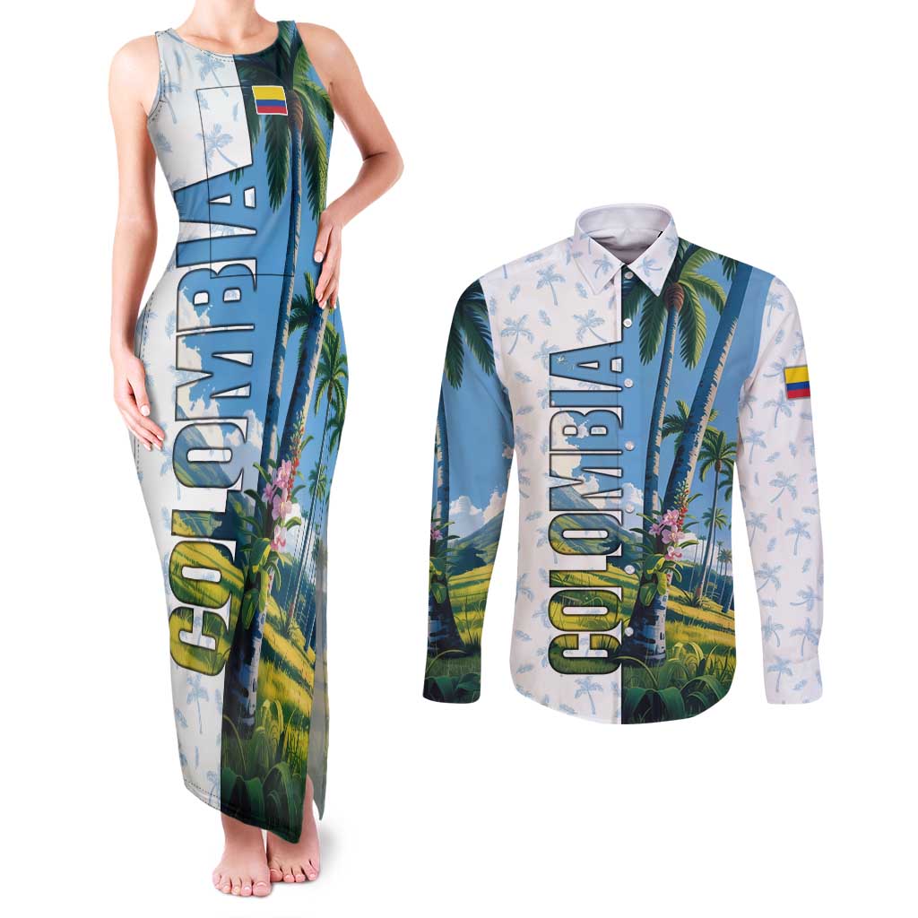 Colombia Palm Tree Landscape Couples Matching Tank Maxi Dress and Long Sleeve Button Shirt with Tropical Flowers and Blue Sky Design - Wonder Print Shop