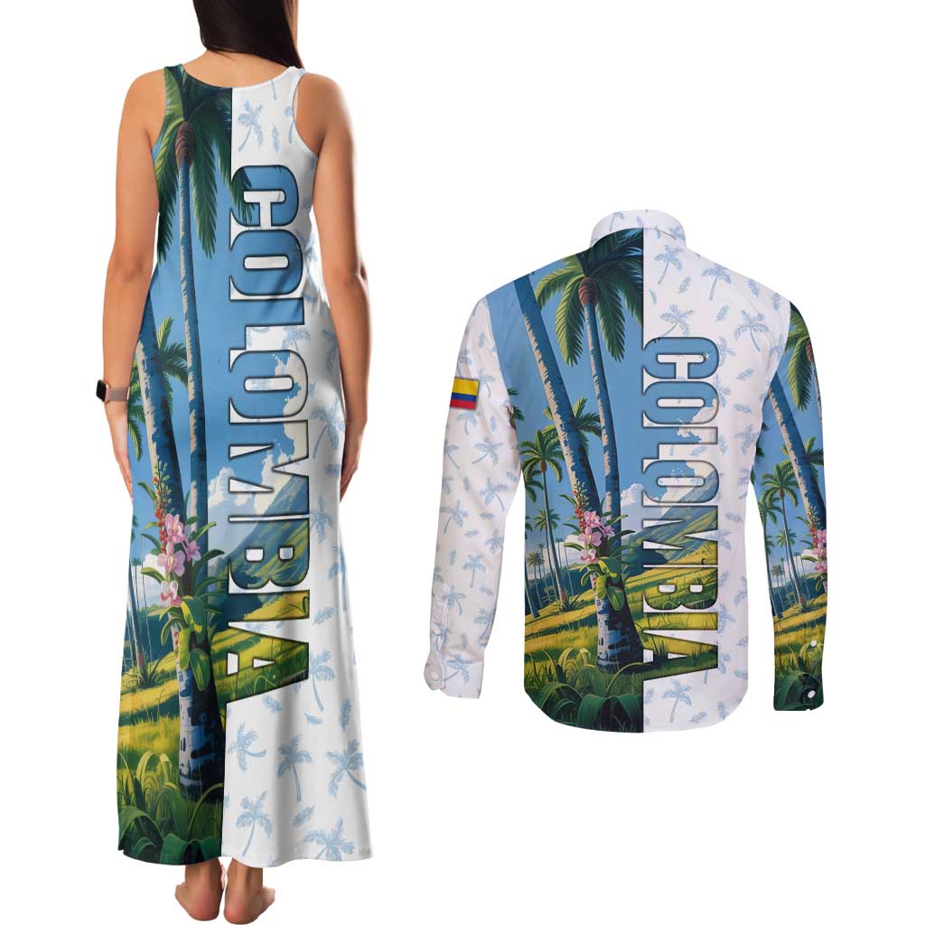 Colombia Palm Tree Landscape Couples Matching Tank Maxi Dress and Long Sleeve Button Shirt with Tropical Flowers and Blue Sky Design - Wonder Print Shop