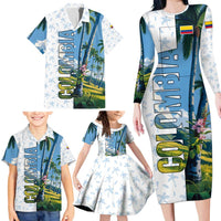 Colombia Palm Tree Landscape Family Matching Long Sleeve Bodycon Dress and Hawaiian Shirt with Tropical Flowers and Blue Sky Design - Wonder Print Shop