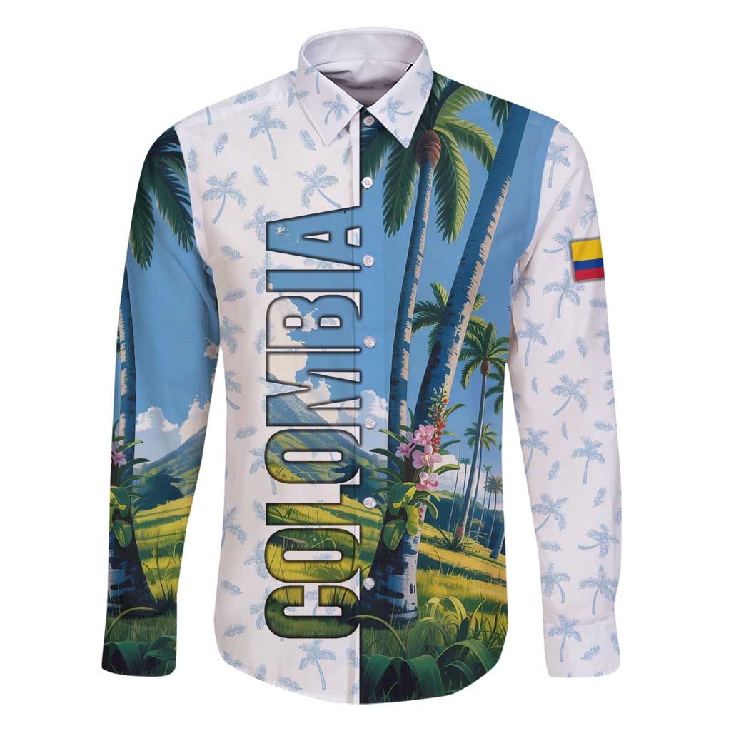 Colombia Palm Tree Landscape Family Matching Long Sleeve Bodycon Dress and Hawaiian Shirt with Tropical Flowers and Blue Sky Design - Wonder Print Shop