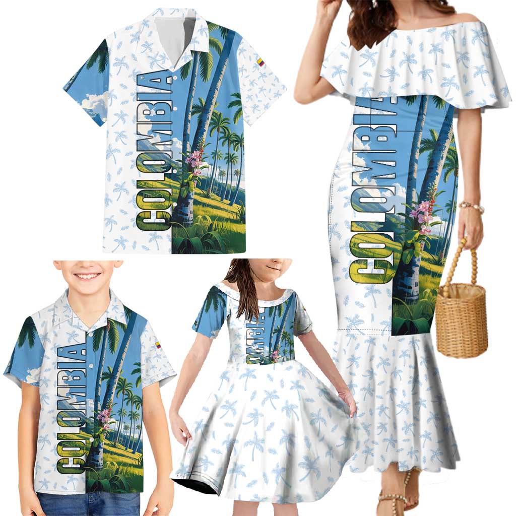 Colombia Palm Tree Landscape Family Matching Mermaid Dress and Hawaiian Shirt with Tropical Flowers and Blue Sky Design - Wonder Print Shop