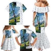 Colombia Palm Tree Landscape Family Matching Mermaid Dress and Hawaiian Shirt with Tropical Flowers and Blue Sky Design - Wonder Print Shop