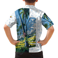 Colombia Palm Tree Landscape Family Matching Off The Shoulder Long Sleeve Dress and Hawaiian Shirt with Tropical Flowers and Blue Sky Design - Wonder Print Shop